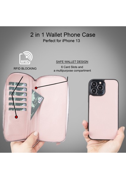Apple iPhone 13 Pro Max Uyumlu Deri Fermuarlı Cüzdan Kılıf Nu2 Pembe fiyatları