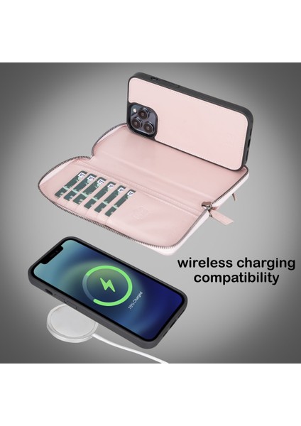 Apple iPhone 13 Pro Max Uyumlu Deri Fermuarlı Cüzdan Kılıf Nu2 Pembe modelleri