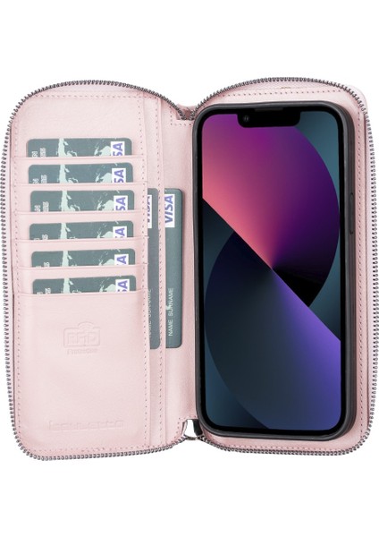 Apple iPhone 13 Pro Max Uyumlu Deri Fermuarlı Cüzdan Kılıf Nu2 Pembe fırsatları