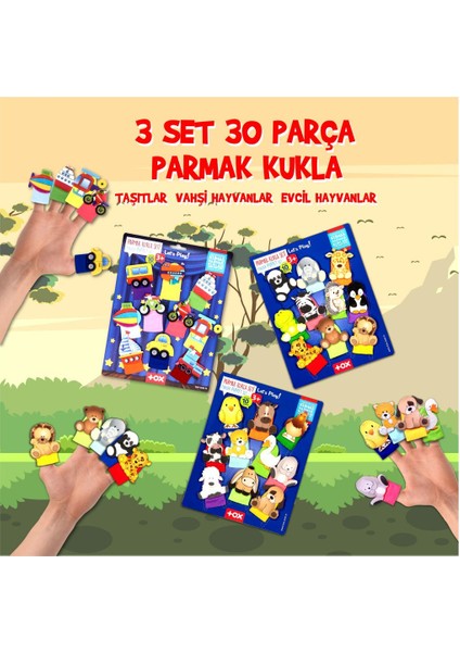 3 Set - 30 Parça Tox Taşıtlar, Evcil ve Vahşi Hayvanlar Parmak Kukla T181 T771 T781