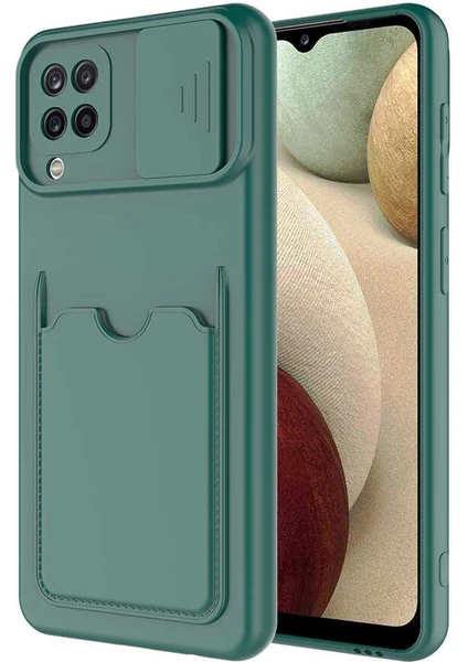 Case 4U Galaxy A22 / M22 / M32 Uyumlu Kılıf Cüzdan Slayt Sürgülü Kamera Korumalı Kartlıklı Kart Bölmeli Silikon Koyu Yeşil