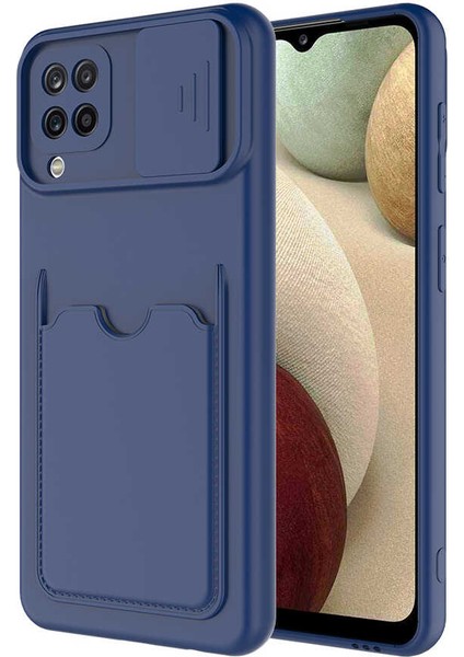 Galaxy A22 / M22 / M32 Uyumlu Kılıf Cüzdan Slayt Sürgülü Kamera Korumalı Kartlıklı Kart Bölmeli Silikon Lacivert