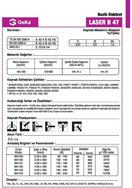 Geka Laser B 47 Bazik Kaynak Elektrod E7018 H4 4,00X450 MM