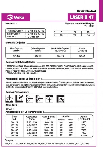 Geka Laser B 47 Bazik Kaynak Elektrod E7018 H4 2,50X350 MM