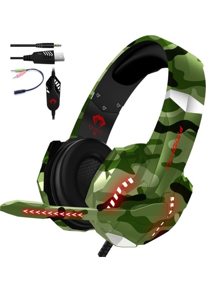 Kamuflaj Kedi Kulak Oyun Headset Kulaklıklar Mic ile Bilgisayar Oyunları Tv Yeşil