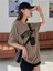 Kadın Oversize Kahverengi Wordless Baskılı T-Shirt 3