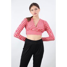 Alexander Gardi Çizgili Crop Bluz, Bej-Pembe (B19-153401)