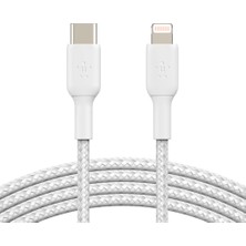 Belkin Örgülü Apple Lightning USB Type-C Hızlı Şarj ve Data Kablosu Beyaz 2 Metre CAA004BT2MWH