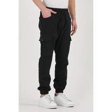 Damga Beli ve Paçası Lastikli Likrali Kargo Cep Pantolon Siyah