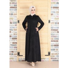 Glr & Gym Ayla  Cepli Kapüşonlu Süet Siyah Kadın Pardesü