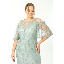 Ladies First Büyük Beden 3448 Küf Yeşili Uzun Abiye Elbise