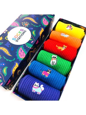 Socks Stations Desenli Çorap ve Renkli Çorap Kutusu Patik Çorap-Nakışlı Çorap-Meyveli Çorap 6'lı Çorap Seti