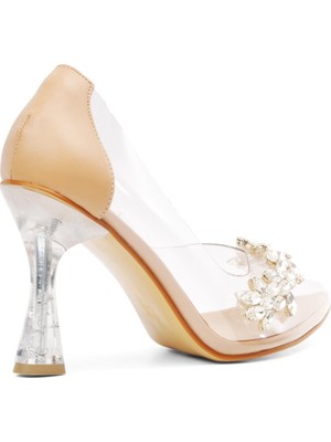 Park Moda K06 Nut Cilt Taş Detaylı Şeffaf Kadın Topuklu Ayakkabı