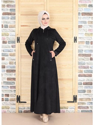 Glr & Gym Ayla  Cepli Kapüşonlu Süet Siyah Kadın Pardesü