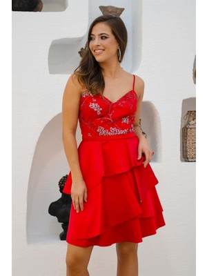 Carmen Kadın Saten Eteği Katlı Abiye Elbise 5817035 Kırmızı