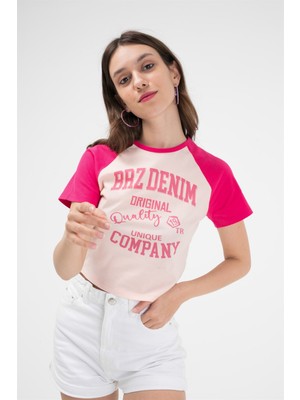 BRZ Collection Regran Kollu Kontrast Renkli Baskılı Kısa Kol Crop Kadın T-Shirt