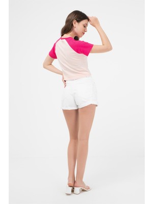 BRZ Collection Regran Kollu Kontrast Renkli Baskılı Kısa Kol Crop Kadın T-Shirt