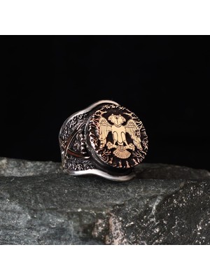 Takılingo Çift Başlı Selçuklu Kartalı Motifli Usta Işi 925 Ayar Gümüş Erkek Yüzük