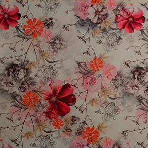 Benimol Krem Zemin Üzerine Kırmızı Ve Tonları Çiçek Desen Dijital Baskılı  Süet Kumaş