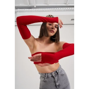 Holly Lolly Kadın Kırmızı Straplez Crop Kol Detaylı Noir Bluz