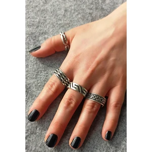 Fildişi Aksesuar Antik Gümüş Kaplama Jilet - Zincir - Çizgi - Geometrik Şekilli El Yapımı Ayarlanabilir Erkek Yüzük Seti