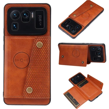Xiaomi Mi 11 Için Ultra Çift Toka Pu + Tpu Darbeye Dayanıklı Manyetik Koruyucu Kılıf Kart Yuvası ve