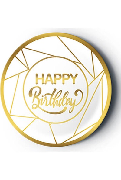 Partijet Altın Happy Birthday Yaldız Baskılı Karton Tabak Beyaz 23 cm 8'li