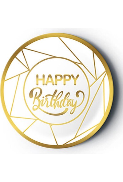 Partijet Altın Happy Birthday Yaldız Baskılı Karton Tabak Beyaz 23 cm 8'li