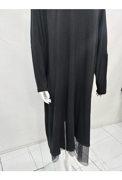 Miarte Neri - V Yaka Omuzları Açık Etek Ucu File Detaylı Örme Elbise Siyah
