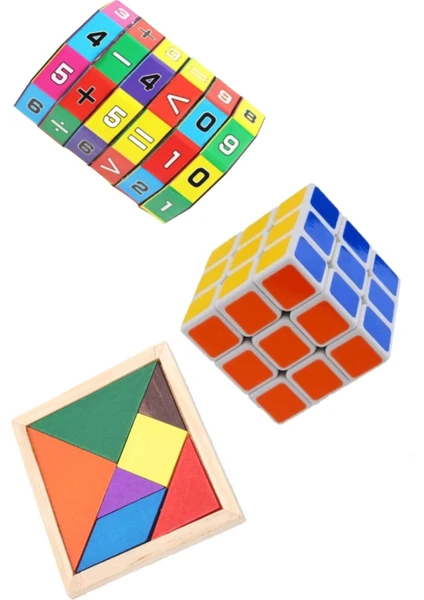 Hyd 3'lü Eğitici Oyuncak Seti Zeka Küpü Matematik Işlem ve Ahşap Tangram Set