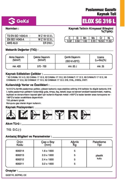 Geka Elox Sg 316 L Tig Teli 1.6X1000 MM