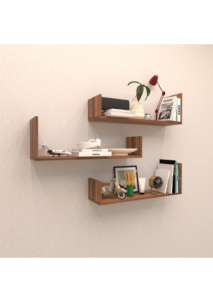 3 Lü Corona Duvar Rafı Hareli Ceviz (Mat)