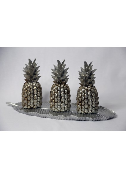 Eskitme Gümüş Rengi Yaprak Üzeri Ananas Figürü
