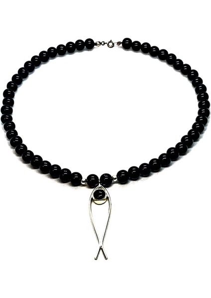 925 Ayar Gümüş Balık Uçlu Doğal Black Onnx Taşlı Kolye