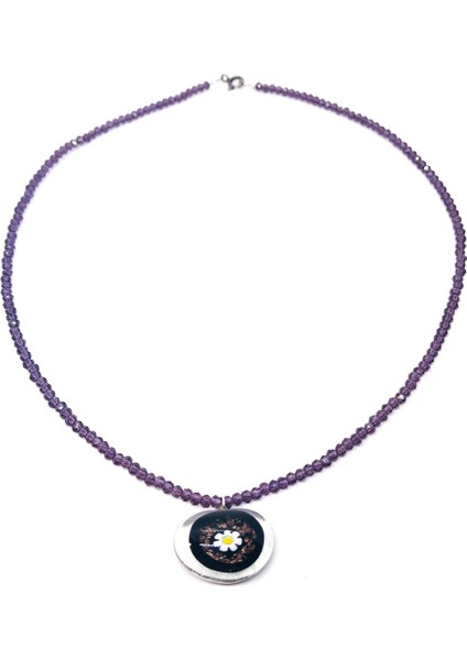 Murano Cam Uçlu Mor Kristal Taşlı Kolye