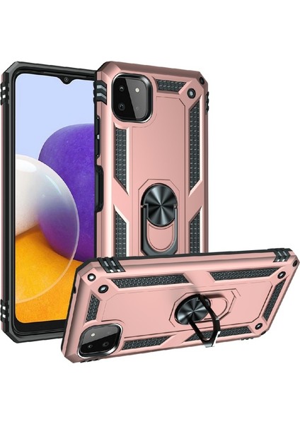 Galaxy A22 5g Için Darbeye Dayanıklı Halka Standlı Pc + Tpu Telefon Kılıfı - Rose Gold (Yurt Dışından)