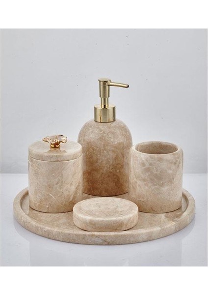 Evza Mermer Bej Çiçekli 5 Parça Banyo Seti