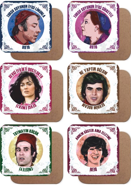 Hayat Poster Yeşilçam  Türk Sineması Replikleri -2- Set 6lı Retro Ahşap Bardak Altlığı Seti