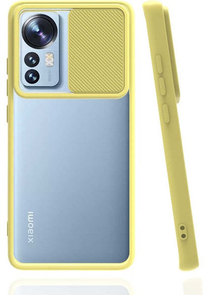 - Xiaomi Mi 12 - Kılıf Slayt Sürgülü Arkası Buzlu Lensi Kapak - Sarı - T20776