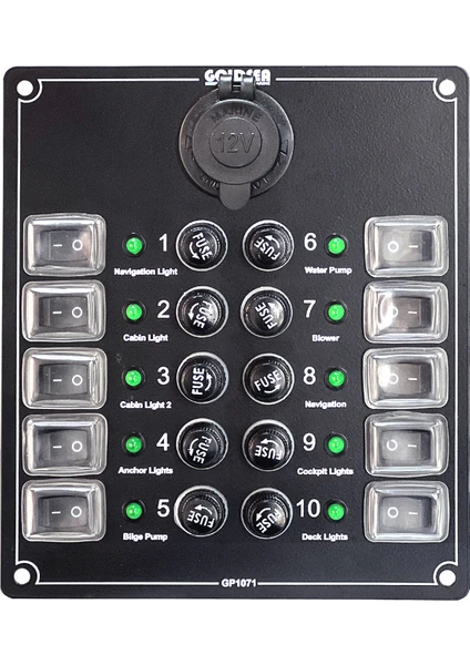 Switch Panel 10 Anahtar Şarj Soketli Sigorta Paneli 12-24V148X170MM