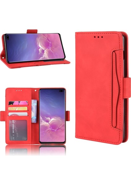 Galaxy S10 Plus Için Deri Kart Yuvalı ve Standlı Telefon Kılıfı - Kırmızı (Yurt Dışından)