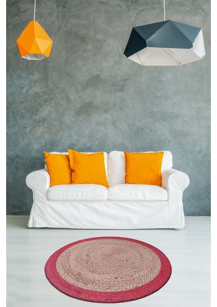 Çift Taraflı Baskılı Jüt TRQ003 Kırmızı Daire Halı 150X150 ~ 2.25 M2
