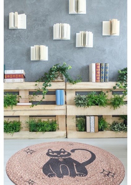 Çift Taraflı Baskılı Jüt TRQ018 Renkli Daire Halı 120X120