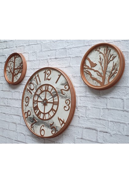 Metal Kasalı Mermer Desenli Duvar Saati ile Daldaki Kuş ve Hayat Ağacı Tablo fiyatları