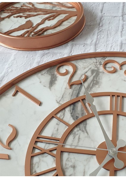 Metal Kasalı Mermer Desenli Duvar Saati ile Daldaki Kuş ve Hayat Ağacı Tablo fırsatları