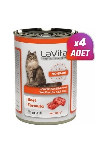 La Vital Adult Tahılsız Biftekli Yetişkin Kedi Konservesi 400 gr 4 Adet