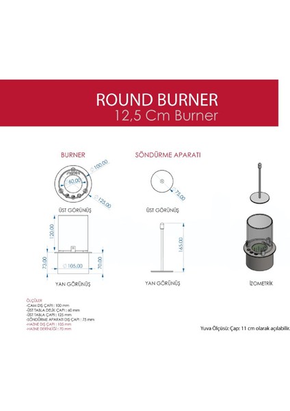 Yuvarlak Burner Camlı Bioethanol Şömine 12 cm modelleri