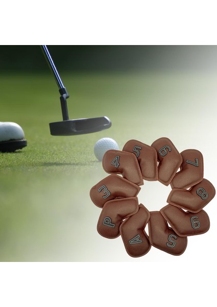 10 Parça Golf Demir Başkak Seti 3,4,5,6,7,8,9, A, S, P Kulüp Nakış Numarası Kahverengi