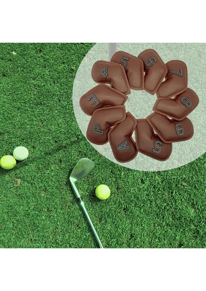 10 Parça Golf Demir Başkak Seti 3,4,5,6,7,8,9, A, S, P Kulüp Nakış Numarası Kahverengi