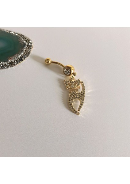 Cerrahi Çelik Zirkon Taşlı Gold Kedi Piercing- Bar Uzunluğu 10 mm - 1 Adet